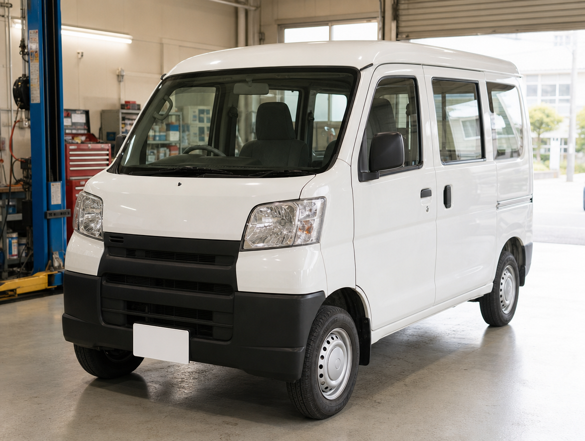 営業ナンバーの軽バンを点検・整備するe-Driveの作業場