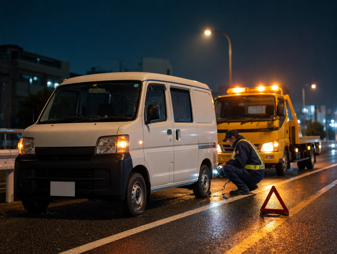 夜間に福岡県全域へ出動するロードサービスの救援車両と軽バン